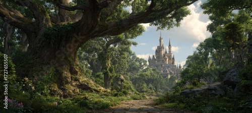 Enchanting forest path leading to a majestic castle