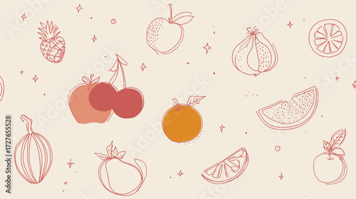 Minimalist line art fruits and vegetables collection seamless pattern simple aesthetic design vector