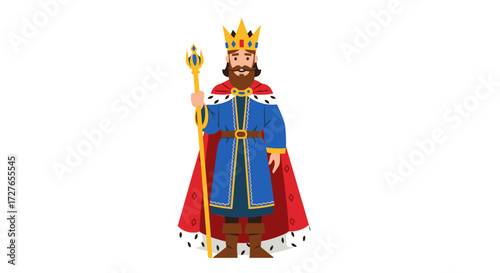 Regal King Holding Scepter Wearing Crown and Royal Robes.