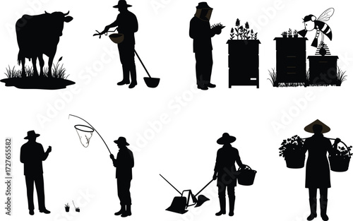 Agriculture and farming silhouette vector, farmer with cow, beekeeper, fishing, planting, harvesting, data monitoring, black icon set, rural activity scene