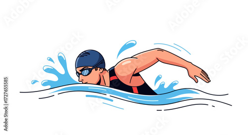 Dynamic male swimmer performing freestyle stroke in water with splashes.