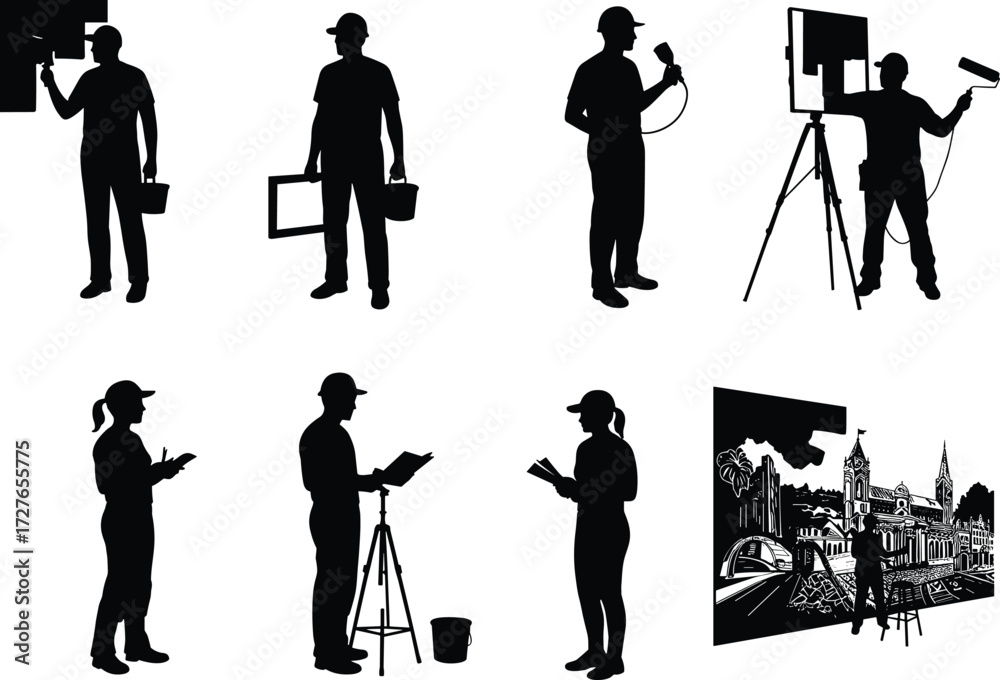 Obraz premium Artistic silhouettes, painting activity, spray painting, canvas work, creative tools, black vector art, outdoor sketching, digital interaction, studio scene, artistic process