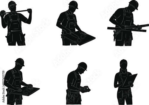 Construction worker silhouettes, engineers with hard hats, blueprint planning, technical inspection, industrial roles, job site activities, black vector illustration, occupational poses
