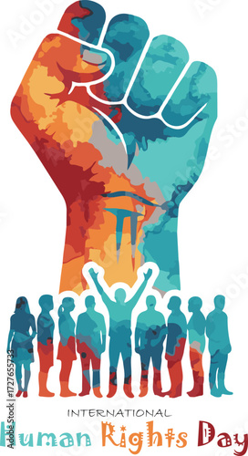 International Human Rights Day Fist of solidarity and diverse people.