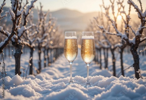 Icy Elegance  Sparkling Wine Glasses in Winter Vineyard, Crisp Air, Soft Snow, and Bare Vines