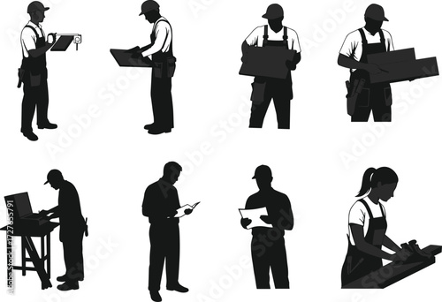 Construction worker silhouettes, technical professionals in action, engineering tasks, industrial roles, job site activities, occupational poses, black and white vector illustration
