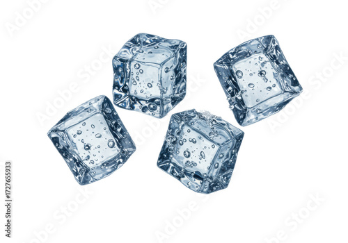 Four clear ice cubes, irregular with air bubbles, suspended mid-air with water splashes and sparkling droplets against a transparent background, concept of refreshing crispness and purity.