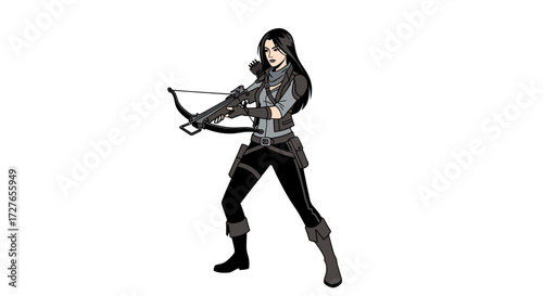 Female Archer in Tactical Gear Aiming Crossbow Weapon.