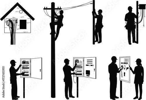 Electrical work silhouettes, utility pole, control panel, technician teamwork, wiring inspection, black vector art, electrician roles, maintenance scene, safety gear, residential setup