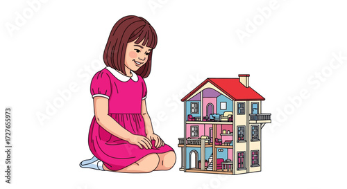 Girl with Brown Hair Playing with a Detailed Three-Story Dollhouse.