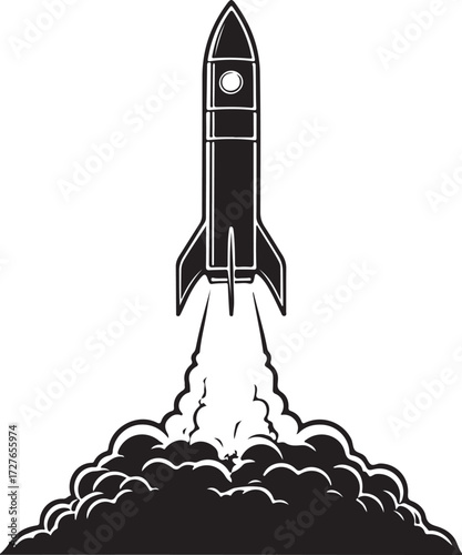 black vector of burning rocket in silhouette