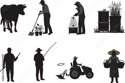 Farming and agriculture silhouette vector, milking cow, beekeeping, fishing, harvesting, tractor driving, rural activity, black icon set, traditional farm work