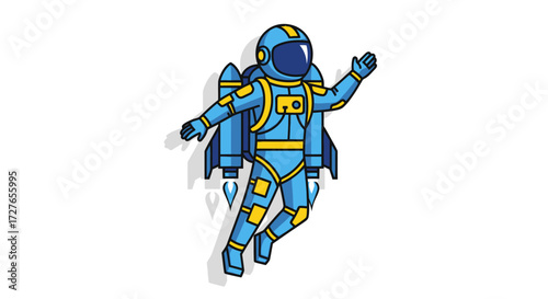 Cartoon Astronaut in Blue Spacesuit with Jetpack Flying Upward.