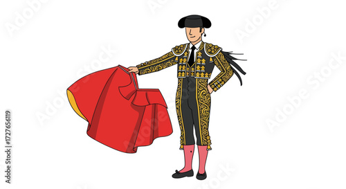 A Spanish matador bullfighter in a traditional golden traje de luces costume holding a red muleta cape.