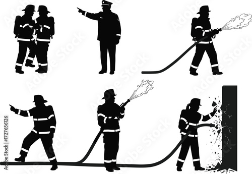 Firefighter silhouettes, emergency response team, hose spraying action, fire safety roles, black vector illustration, rescue coordination, occupational poses, firefighting scene