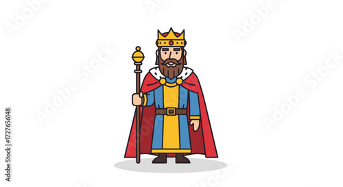 Cartoon King with Crown and Scepter Standing Proudly.