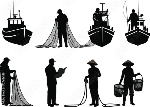 Fishing silhouettes, traditional fishing, boat scenes, net handling, conical hat, basket carrying, rural workers, fishing gear, vector illustration, black silhouettes, cultural lifestyle