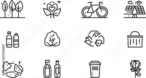 Set of clean line icons representing eco-friendly lifestyle and sustainability concepts vector