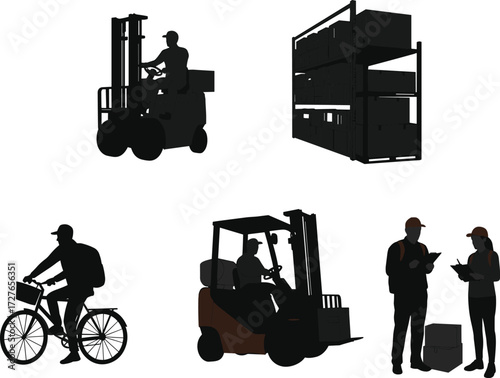 Logistics silhouettes, warehouse operations, forklift workers, delivery service, inventory management, black vector art, supply chain, cargo handling, storage system, clipboard checking