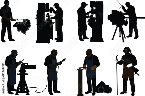 Metalworking silhouette vector, welding, grinding, drilling, lathe operation, protective gear, industrial workshop scene, black icon set, machining and fabrication tasks