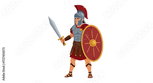 Brave Ancient Roman Spartan Warrior Holding Sword and Round Shield.
