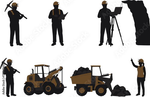 Mining industry silhouette vector, miner with pickaxe, dump truck, surveyor, clipboard, tunnel entrance, heavy machinery, black icon set, industrial work scene