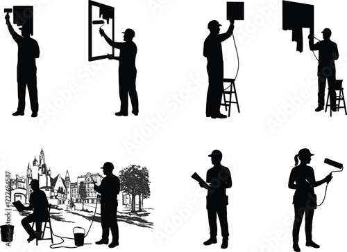Painting silhouettes, wall painting, outdoor art, brush and roller, ladder work, black vector art, artistic activity, home improvement, creative tools, teamwork scene