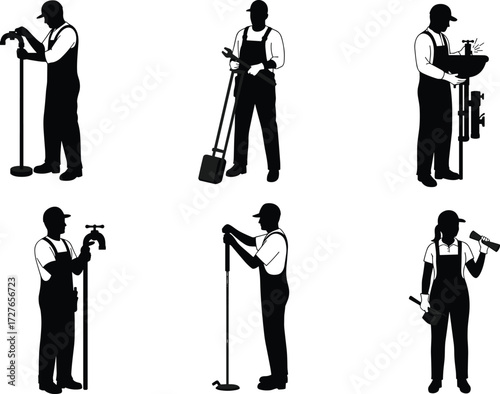 Plumber vector illustration set, black silhouettes, cartoon tradesmen, pipe repair, wrench, faucet installation, plumbing tools, profession, worker, construction, service, maintenance