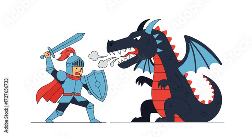 A brave cartoon knight in blue armor with a sword and shield fighting a fierce black dragon.