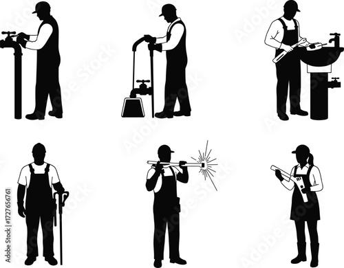 Plumber vector illustration set, black silhouettes, cartoon tradesmen, pipe repair, wrench, faucet installation, welding, blueprint reading, plumbing tools, construction, service, maintenance