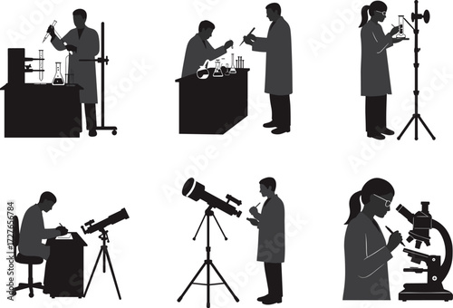 Science lab silhouette vector, scientists working with microscope, telescope, test tubes, research equipment, laboratory scene, scientific activity, black icon set