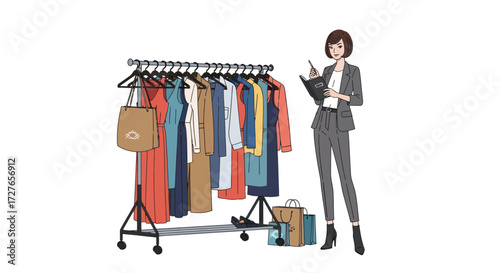 Woman in business suit standing next to a clothing rack with various garments and handbags.
