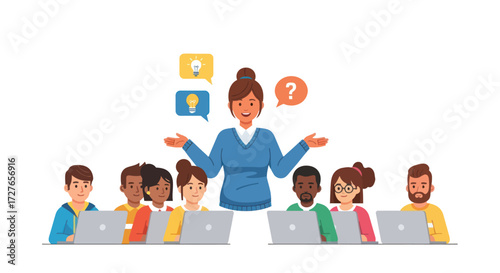 Female Instructor Guiding Diverse Students in Interactive Learning Session.