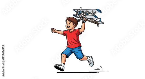 A happy cartoon boy running joyfully while holding a grey toy biplane.
