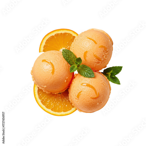 Photorealistic top-down of three vibrant orange ice cream scoops, melting edges, fresh orange slices, mint sprig in white bowl on transparent background, copy space, gourmet dessert advertisement