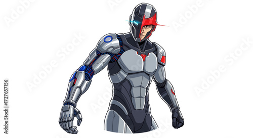 Futuristic Armored Cyborg Warrior with Red Visor and Sleek Design.