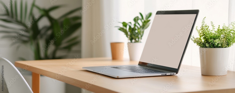 Fototapeta premium Minimalist Workspace Laptop on Wood Desk with Greenery, Modern Design, plants, office
