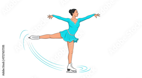 Graceful Female Figure Skater Performing a Spin in Blue Dress.