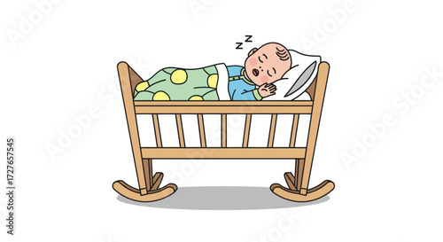 Adorable baby peacefully sleeping in a wooden rocking cradle with a patterned blanket.