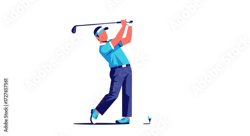 Dynamic vector illustration of a male golfer in a blue polo shirt executing a powerful swing.