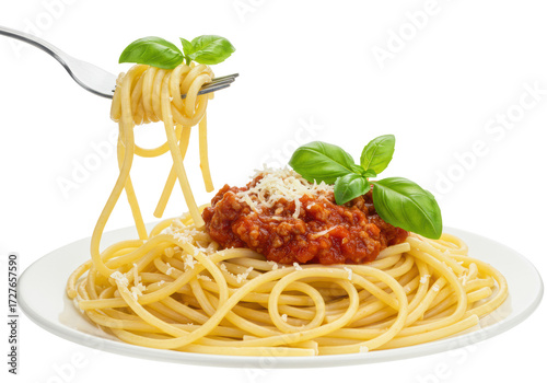 Al dente Italian spaghetti noodles twirled on a silver fork, rich red Bolognese sauce, grated Parmesan, and fresh basil, against a transparent background, gourmet culinary delight