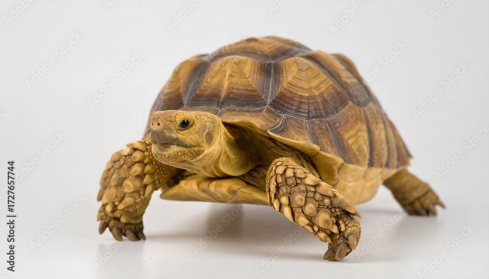 Obraz premium A tan tortoise with a patterned shell walks on a plain light gray backdrop