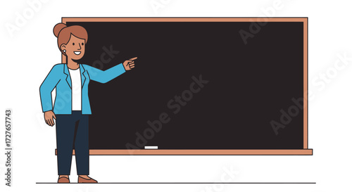 Teacher Pointing at Blackboard in Classroom.