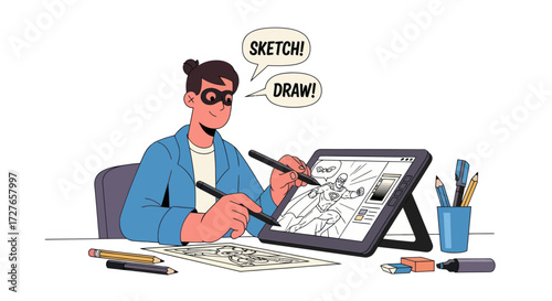 Cartoon Artist Drawing on Digital Tablet with Stylus Pens.
