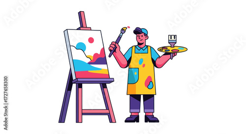Cartoon male artist in a yellow apron painting a colorful landscape on a canvas at an easel.