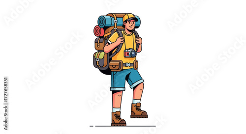 Cartoon Hiking Man with Large Backpack and Hiking Gear.