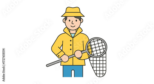 Cartoon Man with Net and Yellow Raincoat.
