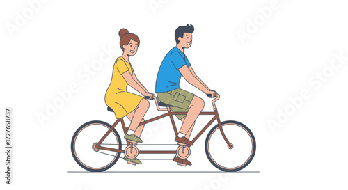 A young couple a man and a woman riding a tandem bicycle together in a hand-drawn illustration.
