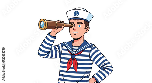 Cartoon Sailor Holding Telescope Looking for Something.