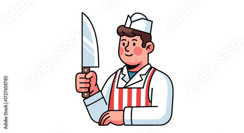 Cartoon Butcher Holding a Large Sharp Knife with a Friendly Smile.